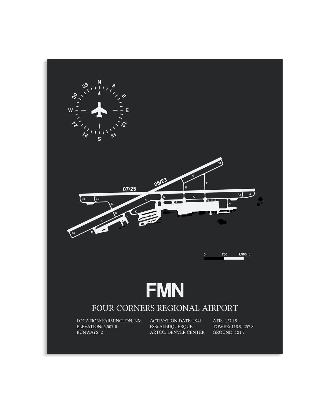 Gray Framed Four Corners Regional Airport layout wall art poster