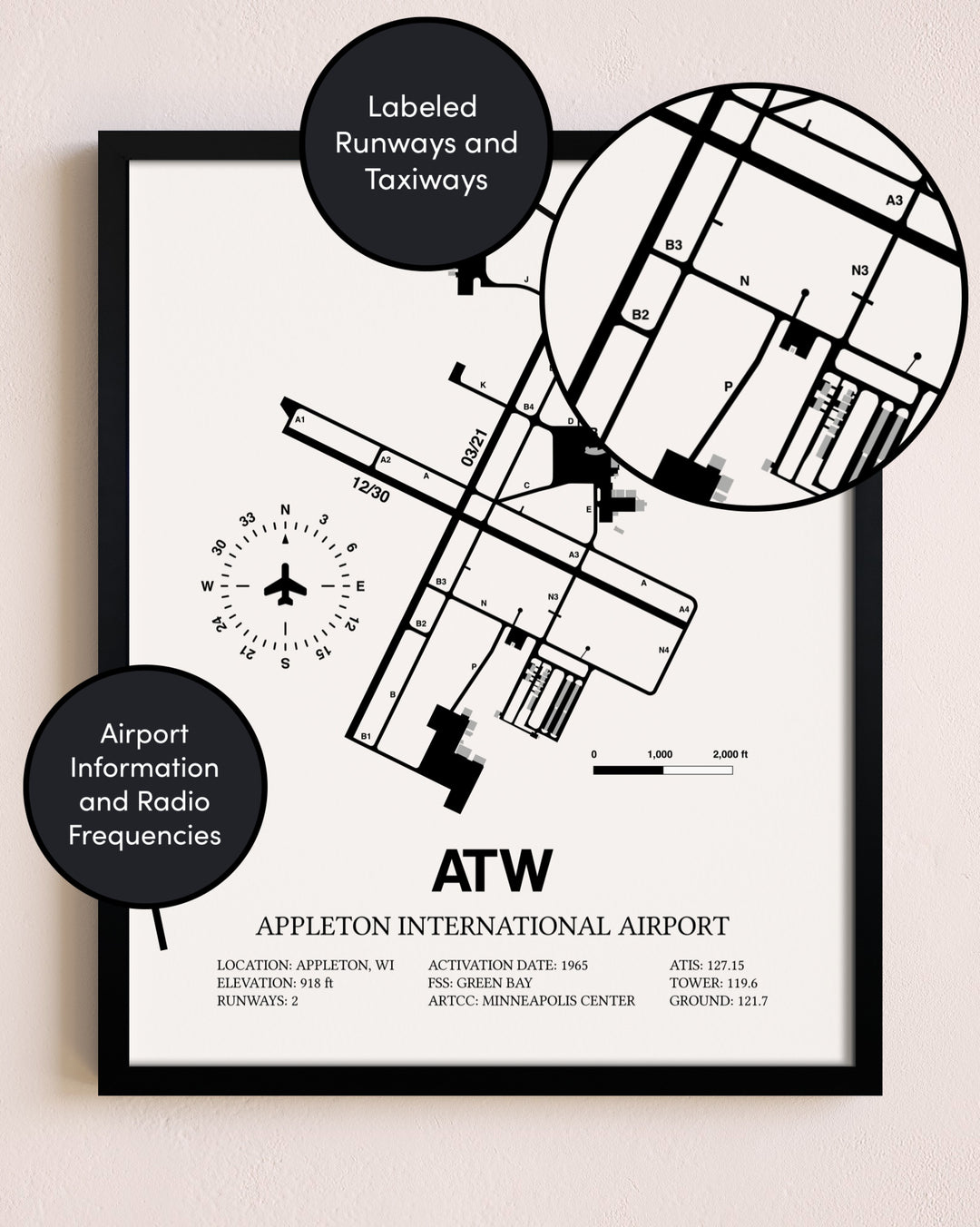 Framed Appleton International Airport layout wall art poster