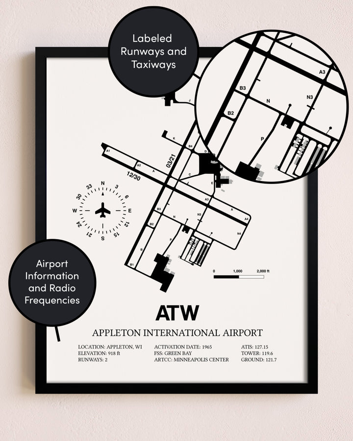 Framed Appleton International Airport layout wall art poster