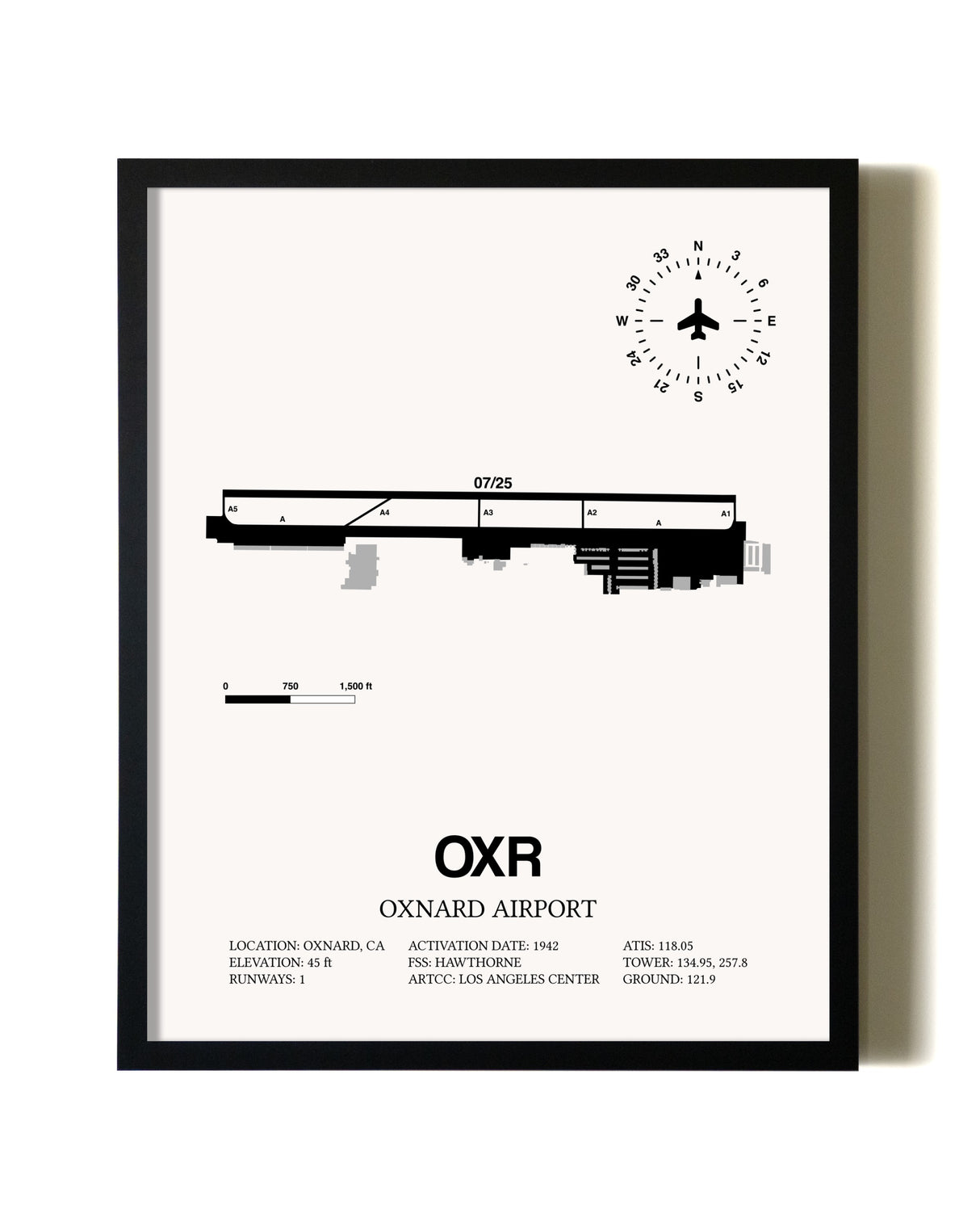 Framed Oxnard Airport wall art poster in black frame