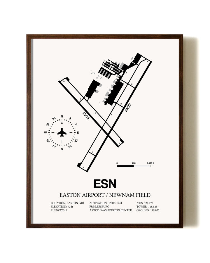 Easton Airport / Newnam Field aviation print in walnut frame