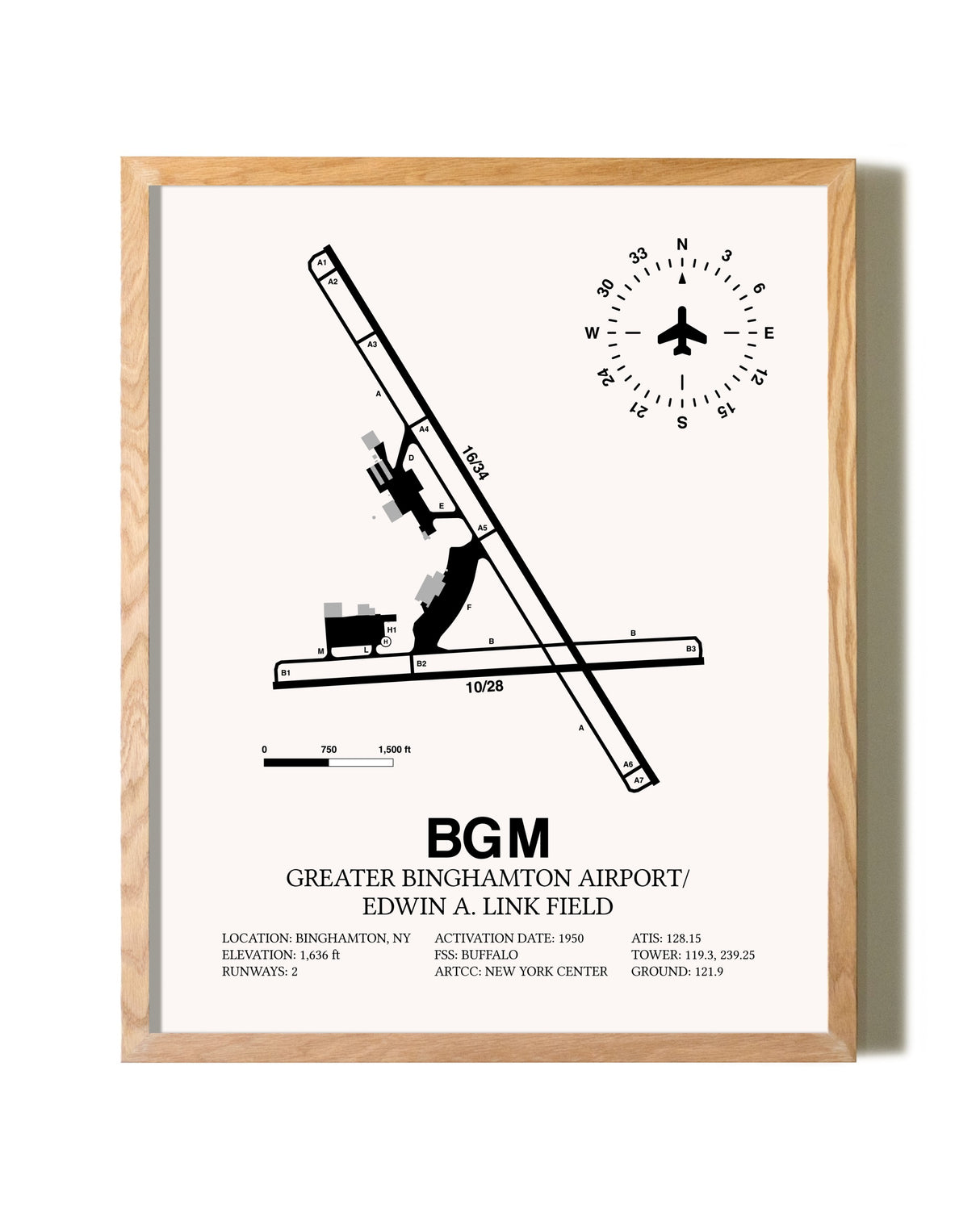 Greater Binghamton Airport / Edwin A. Link Field framed print in natural wood frame