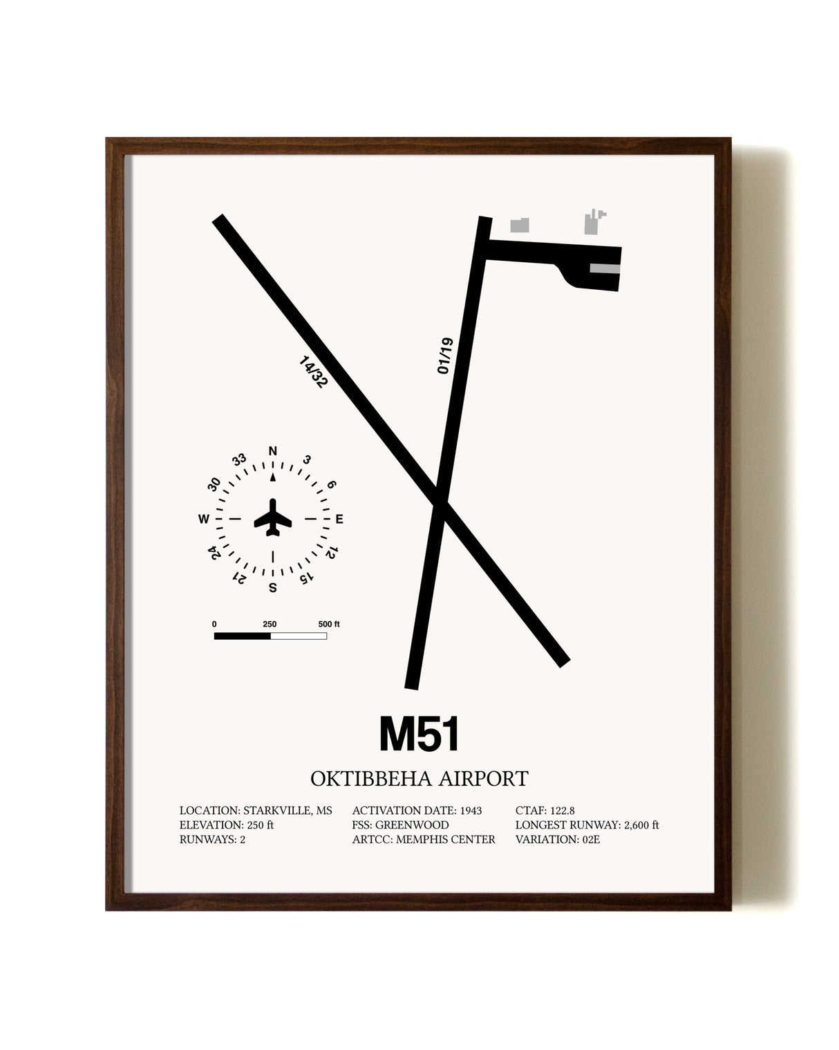 Oktibbeha Airport aviation print in walnut frame