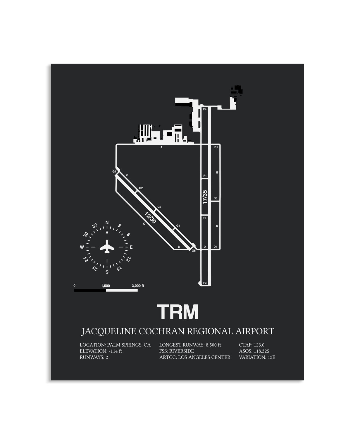 Gray Framed Jacqueline Cochran Regional Airport layout wall art poster