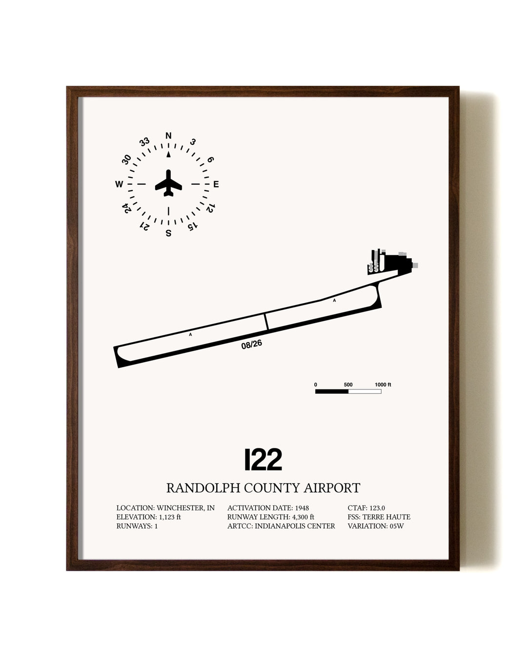 Randolph County Airport aviation print in walnut frame