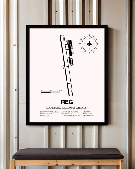 Louisiana Regional Airport framed poster displayed in an airplane hangar