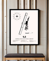 General Dick Stout Field Airport framed poster displayed in an airplane hangar