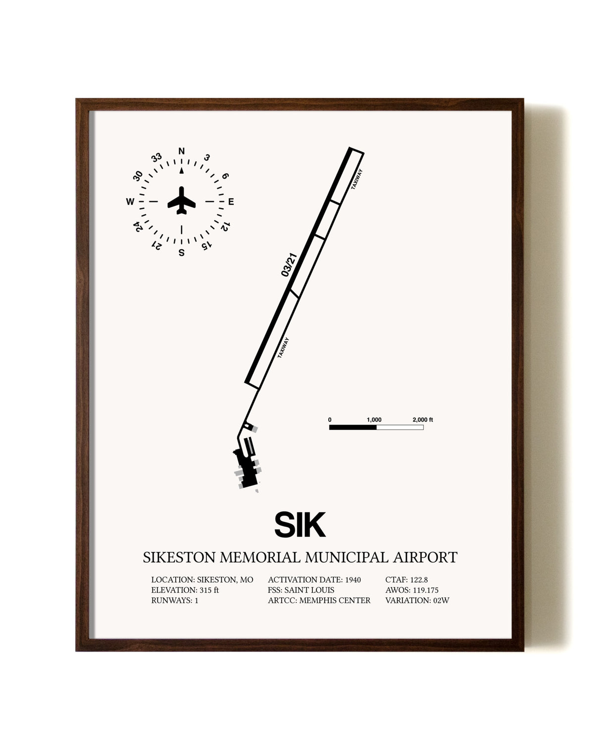 Sikeston Memorial Municipal Airport aviation print in walnut frame