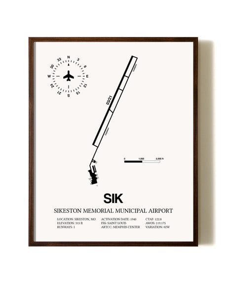 Sikeston Memorial Municipal Airport aviation print in walnut frame