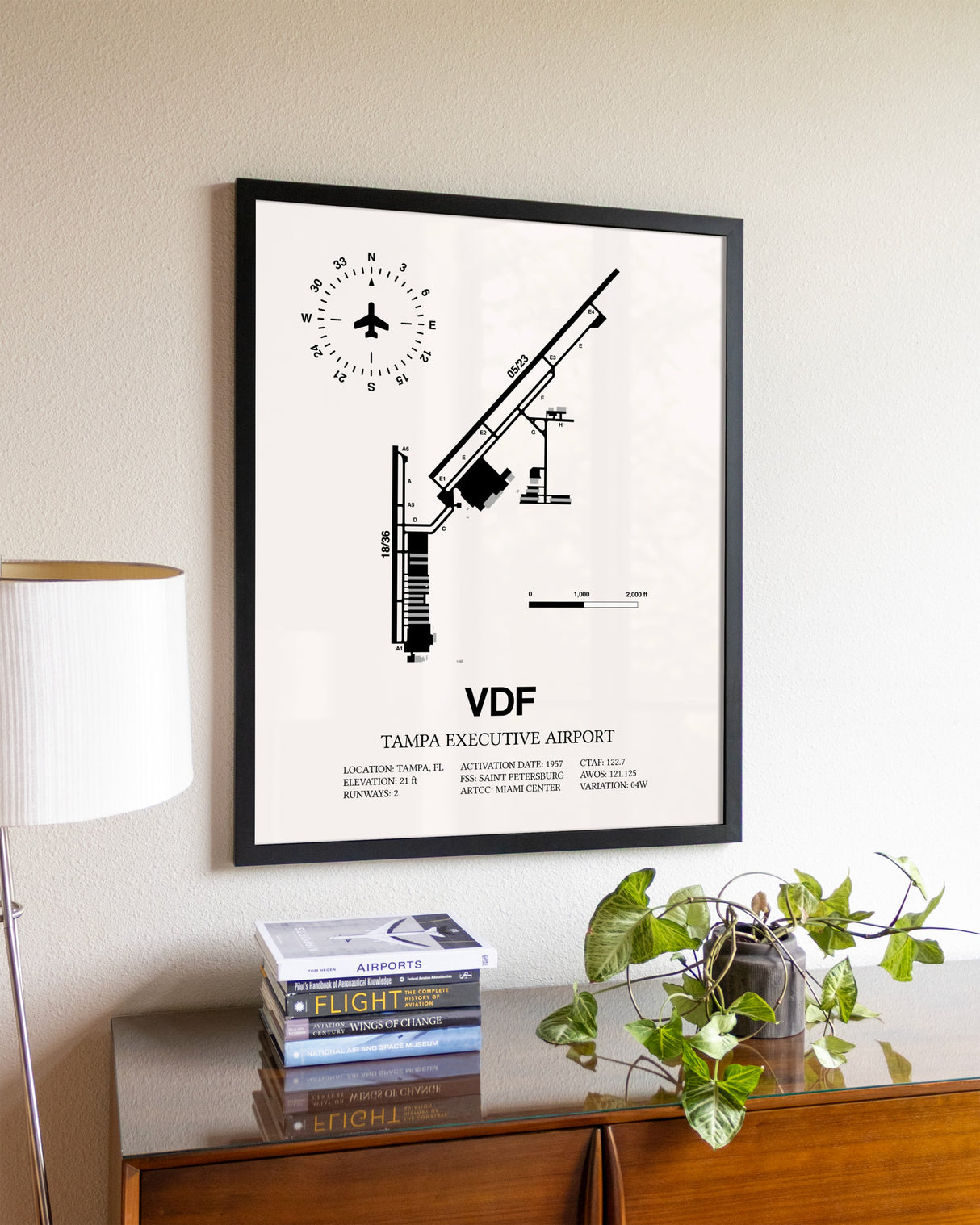 Tampa Executive Airport aviation wall décor in black wood frame