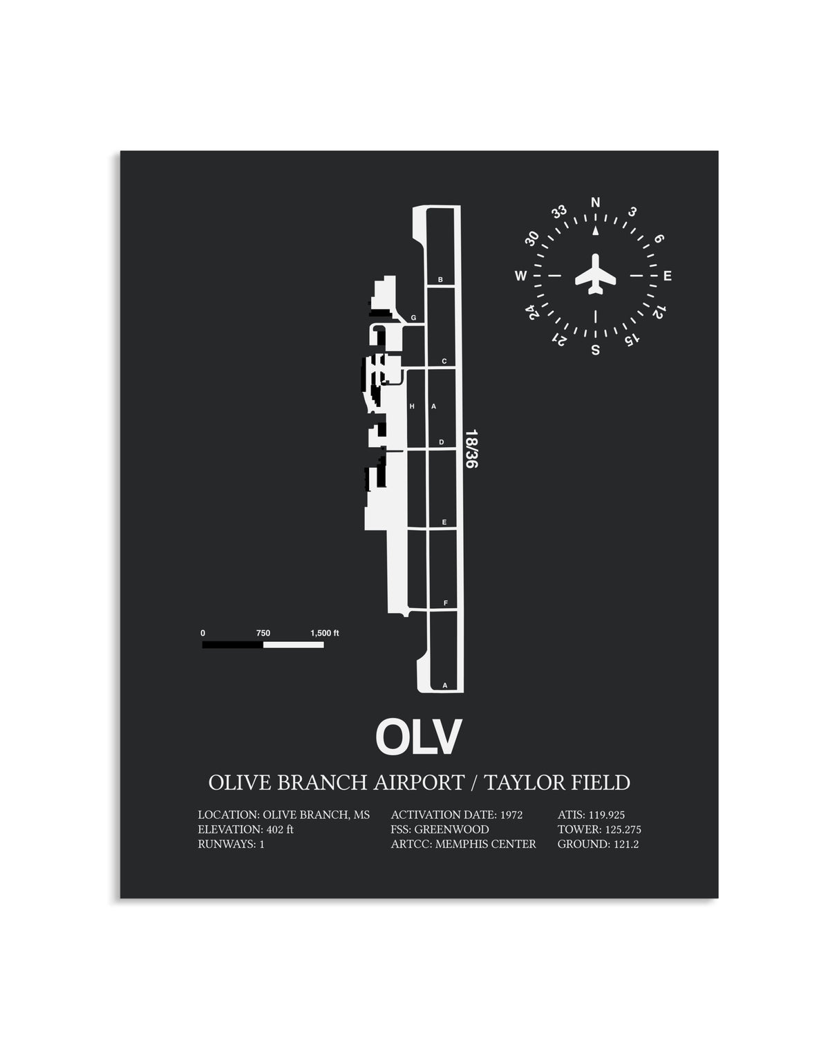 Gray Framed Olive Branch Airport / Taylor Field layout wall art poster