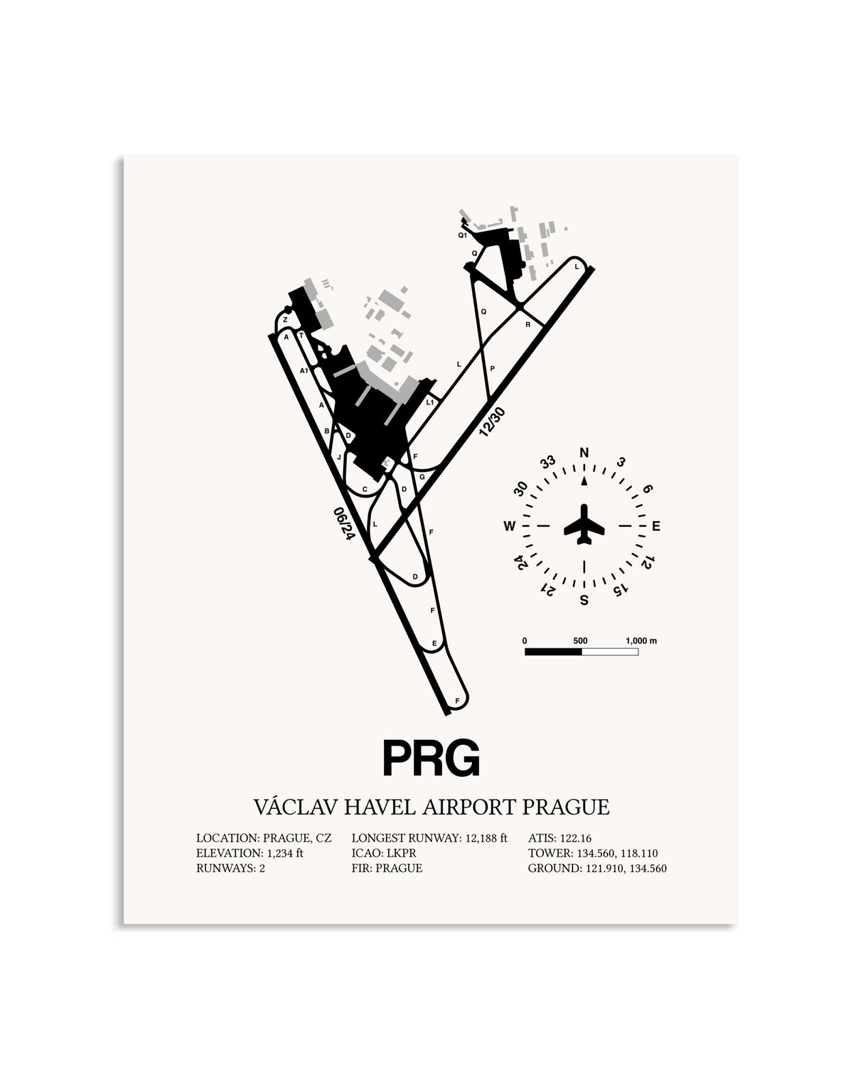 Gray Vaclav Havel Airport Prague framed poster displayed in an airplane hangar