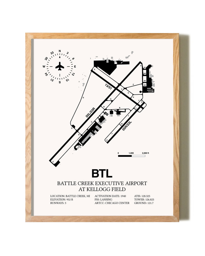 Battle Creek Executive Airport At Kellogg Field framed print in natural wood frame