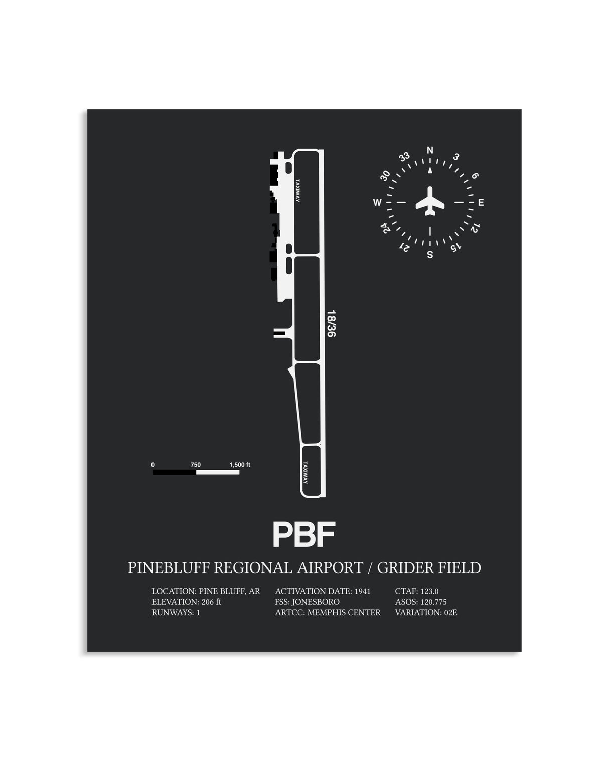 Gray Framed Pinebluff Regional Airport / Grider Field layout wall art poster