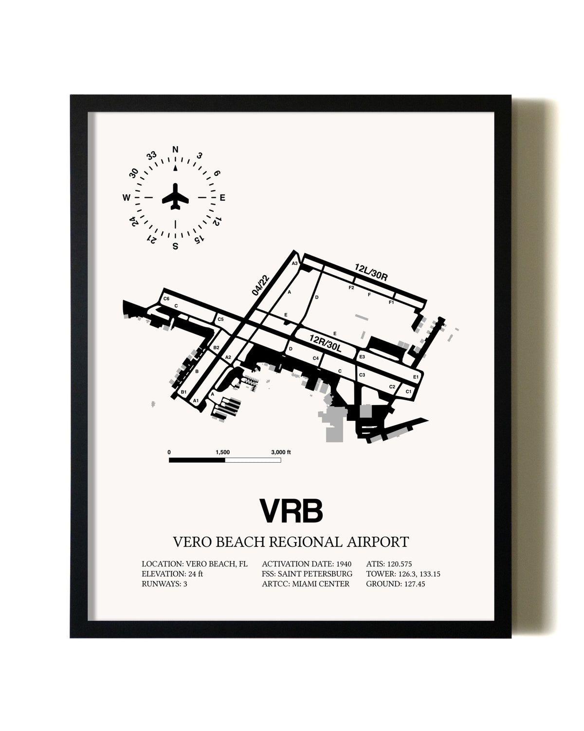 Framed Vero Beach Regional Airport wall art poster in black frame