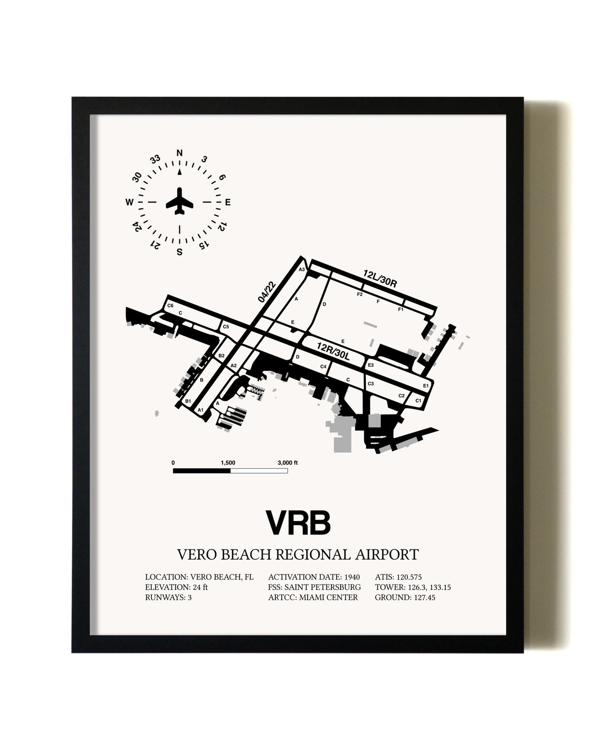Framed Vero Beach Regional Airport wall art poster in black frame