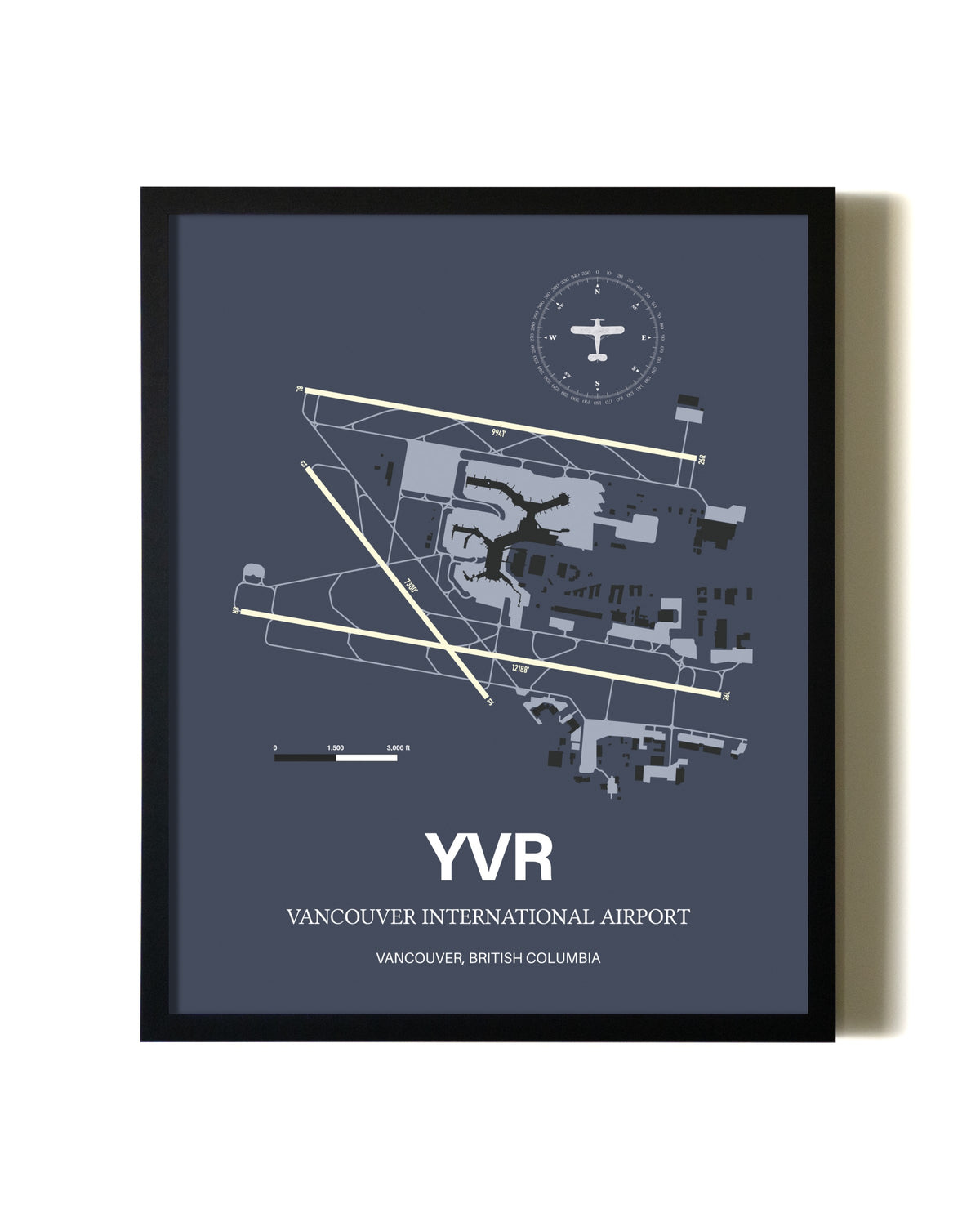 Blue and Cream Framed Vancouver International Airport layout wall art poster