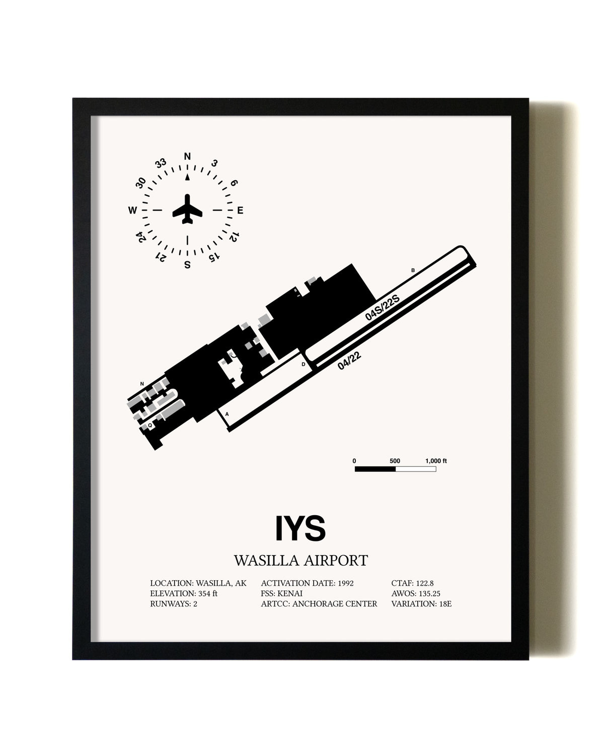 Framed Wasilla Airport wall art poster in black frame