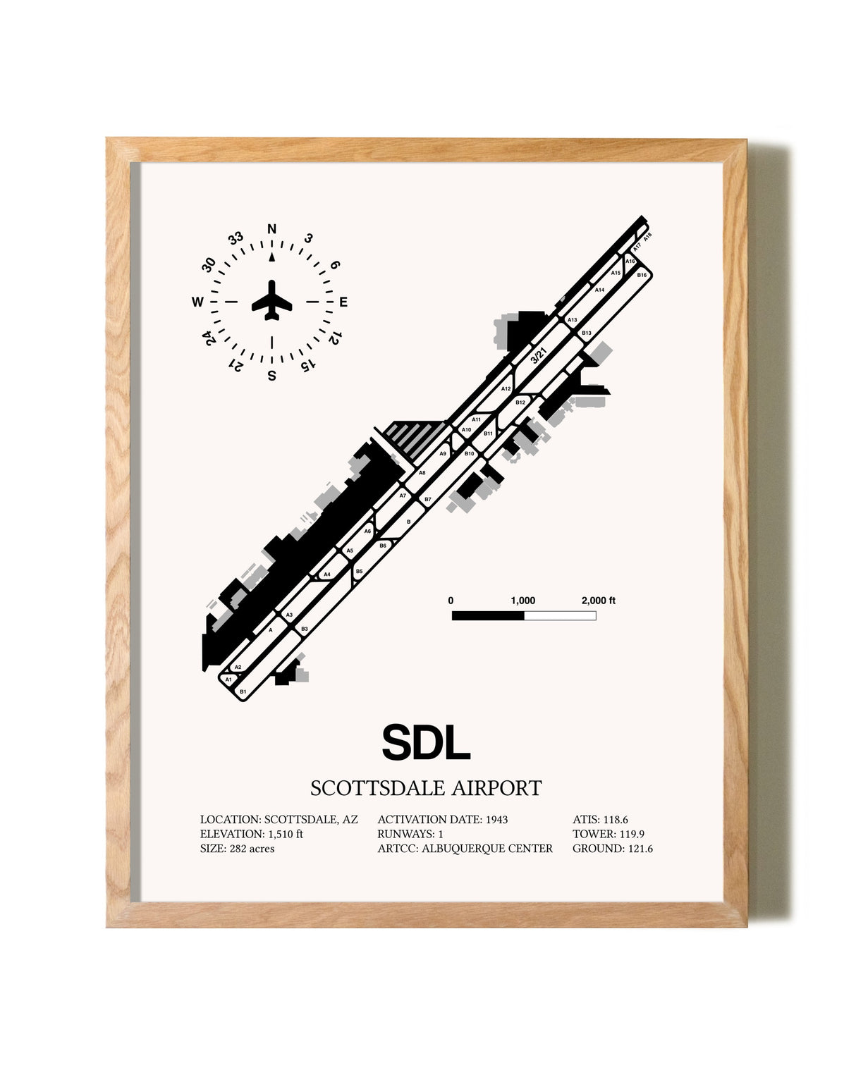 Scottsdale Airport framed print in natural wood frame