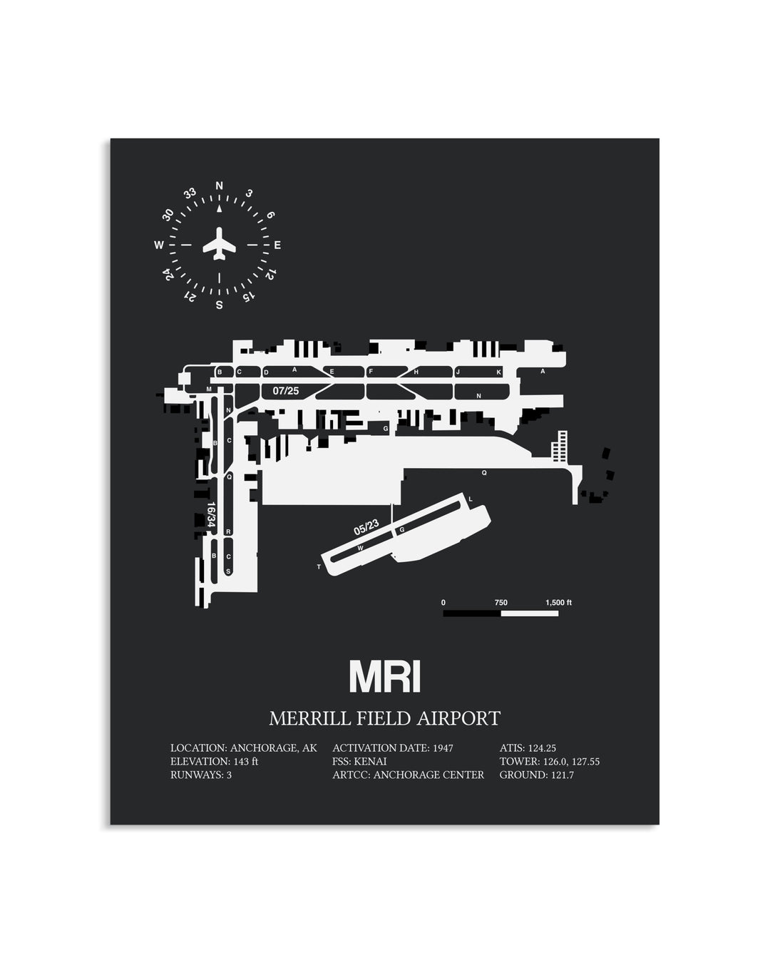 Gray Framed Merrill Field Airport layout wall art poster