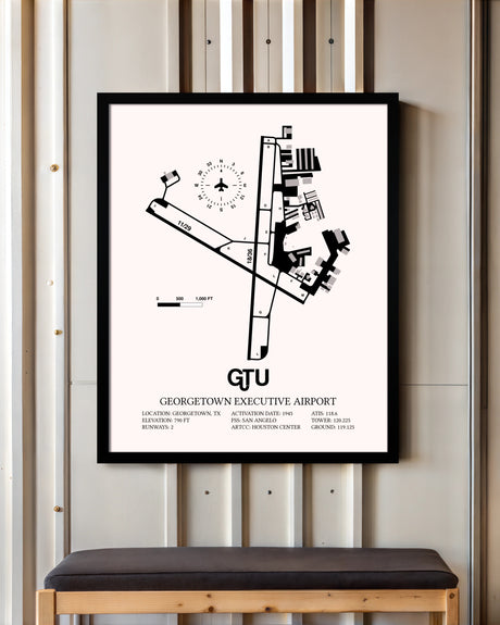 Georgetown Executive Airport At Johnny Gantt Field framed poster displayed in an airplane hangar