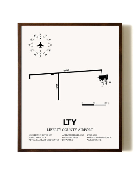 Liberty County Airport aviation print in walnut frame