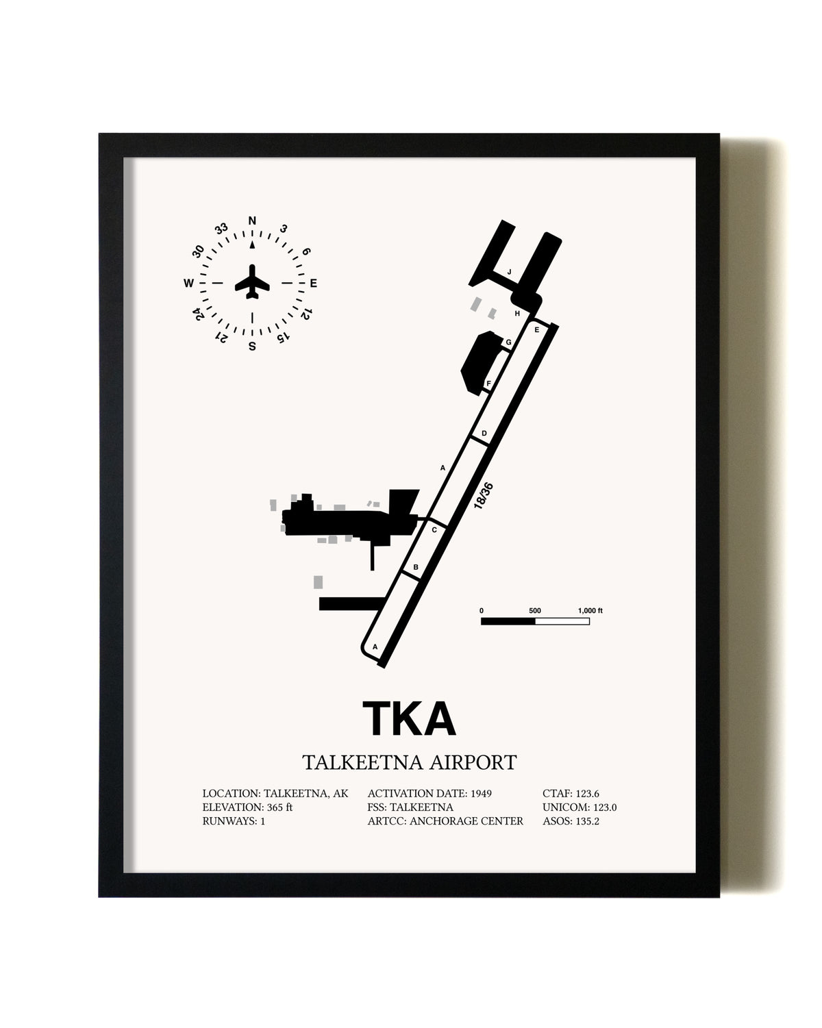 Framed Talkeetna Airport wall art poster in black frame