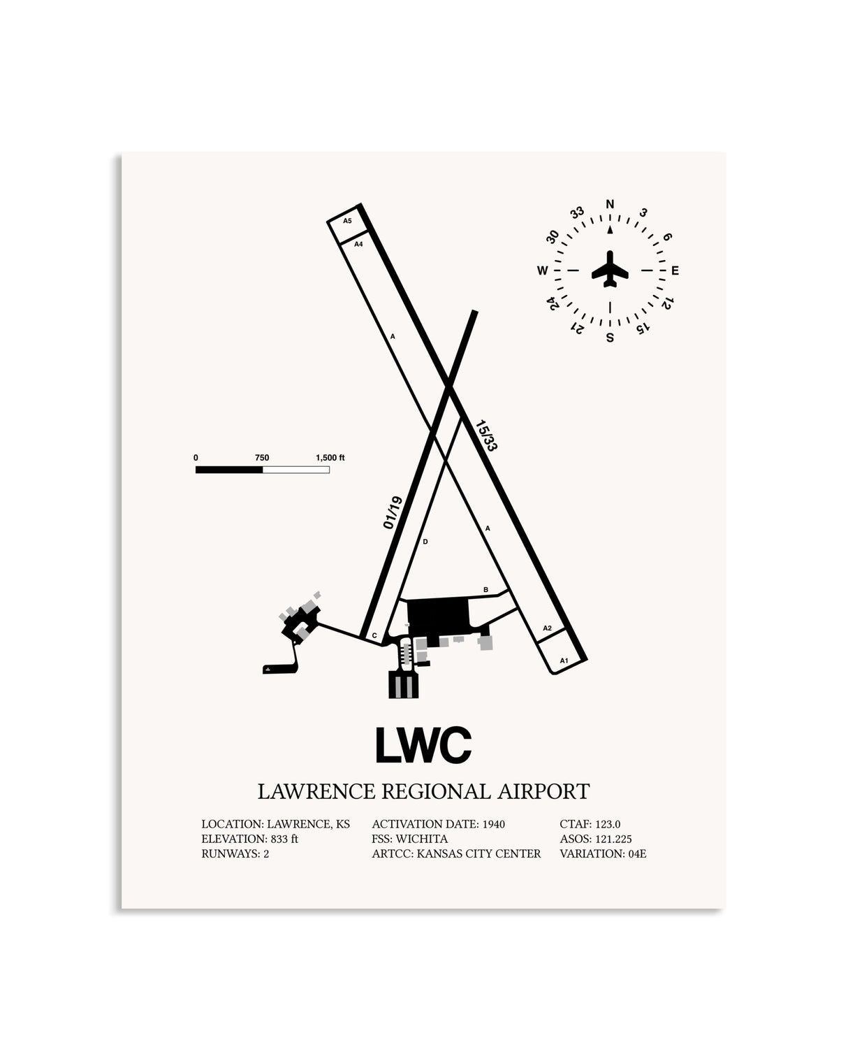 Gray Lawrence Regional Airport framed poster displayed in an airplane hangar