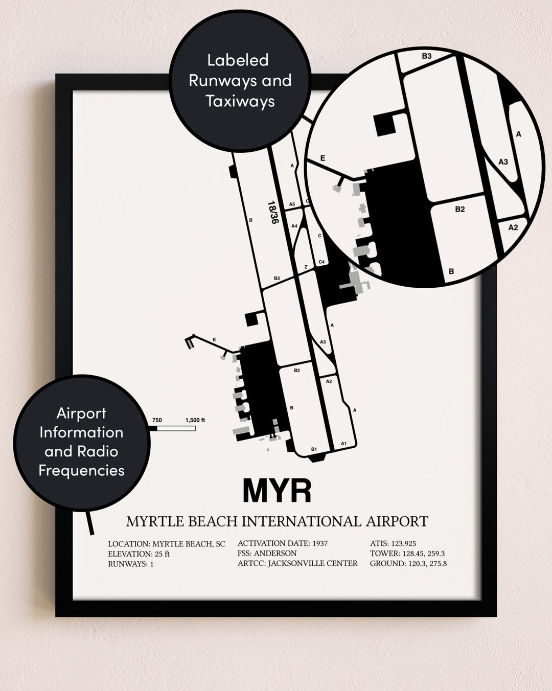 Framed Myrtle Beach International Airport layout wall art poster
