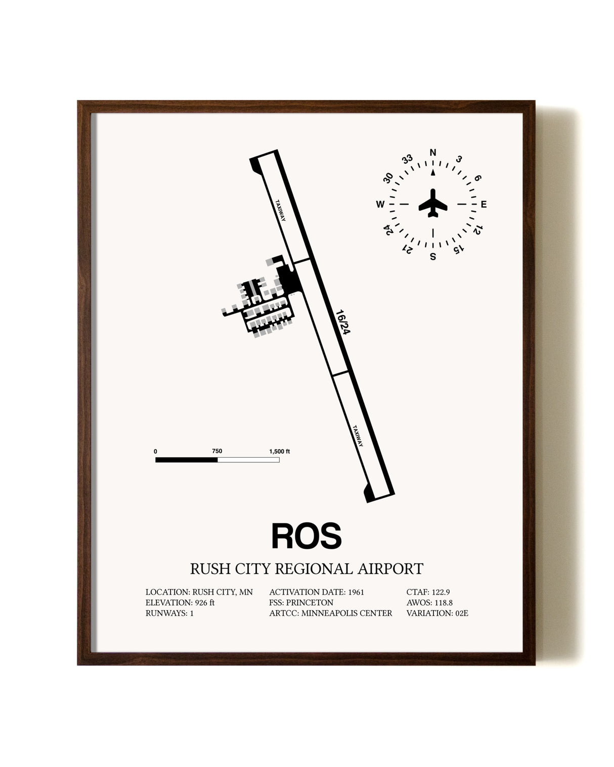 Rush City Regional Airport aviation print in walnut frame