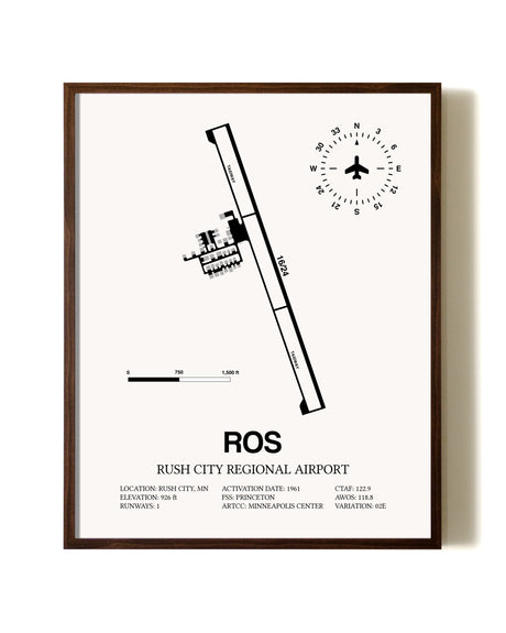 Rush City Regional Airport aviation print in walnut frame
