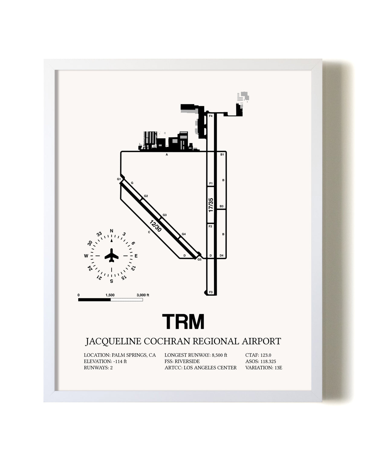 Jacqueline Cochran Regional Airport airport map poster in oak frame