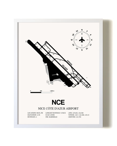Nice Cote D'Azur Airport airport map poster in oak frame