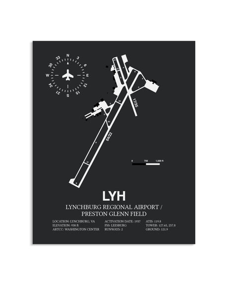 Gray Framed Lynchburg Regional Airport / Preston Glenn Field layout wall art poster