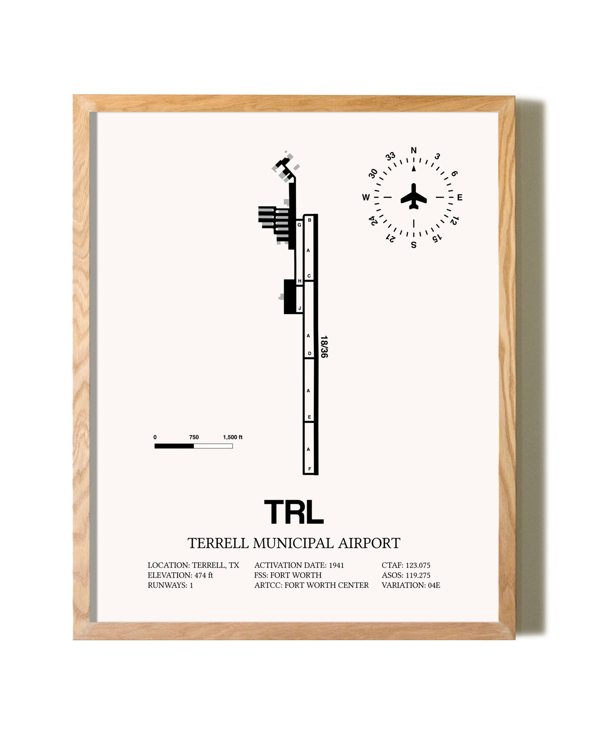 Terrell Municipal Airport framed print in natural wood frame