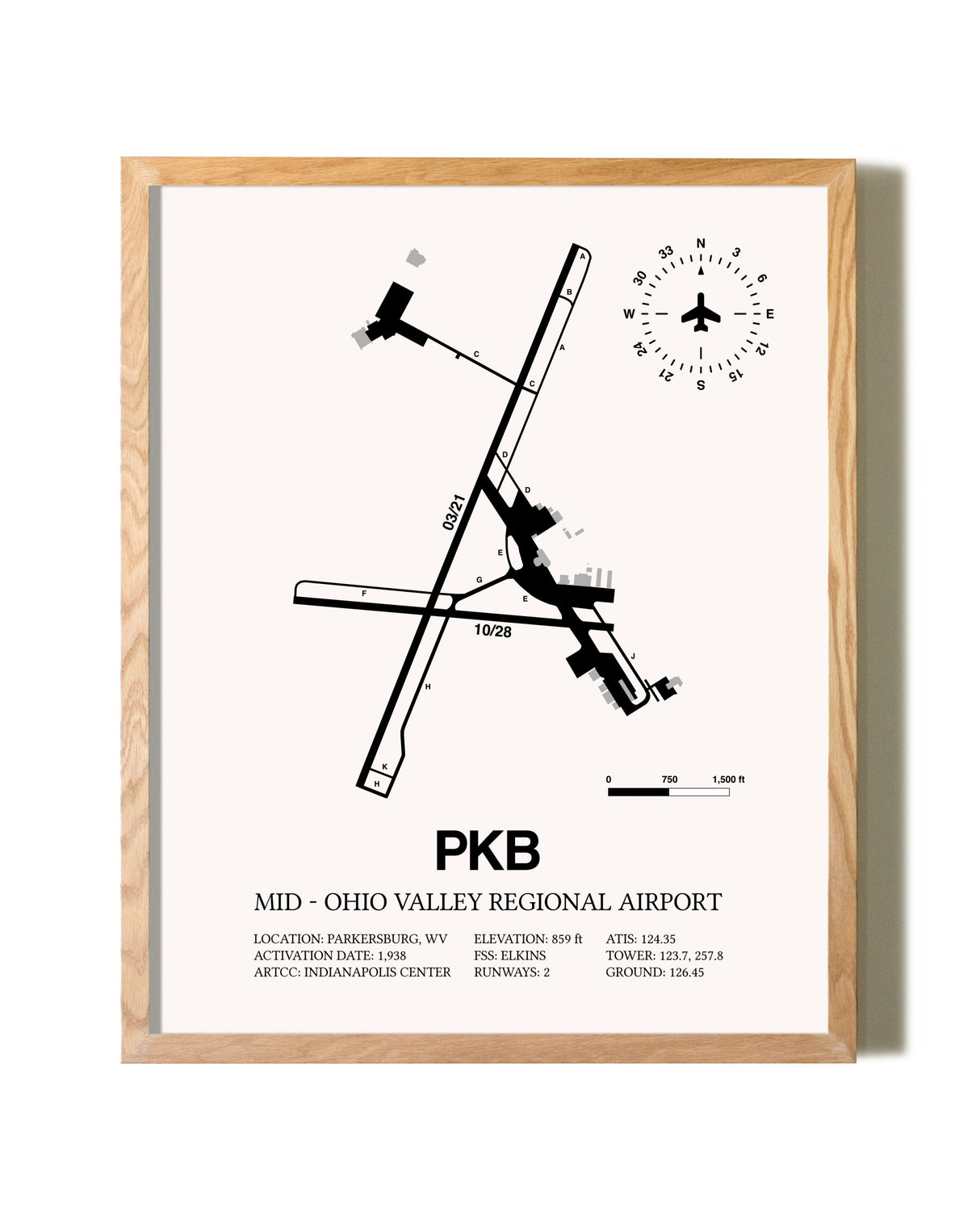 Mid-Ohio Valley Regional Airport framed print in natural wood frame