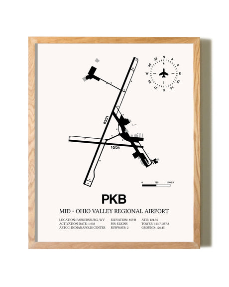 Mid-Ohio Valley Regional Airport framed print in natural wood frame
