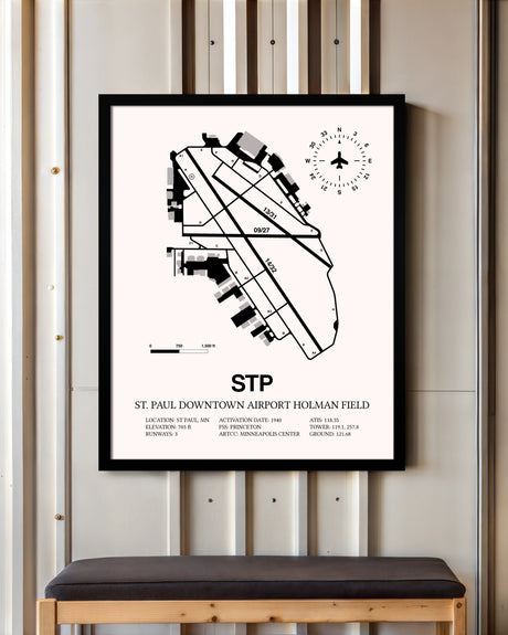 St. Paul Downtown Airport Holman Field framed poster displayed in an airplane hangar