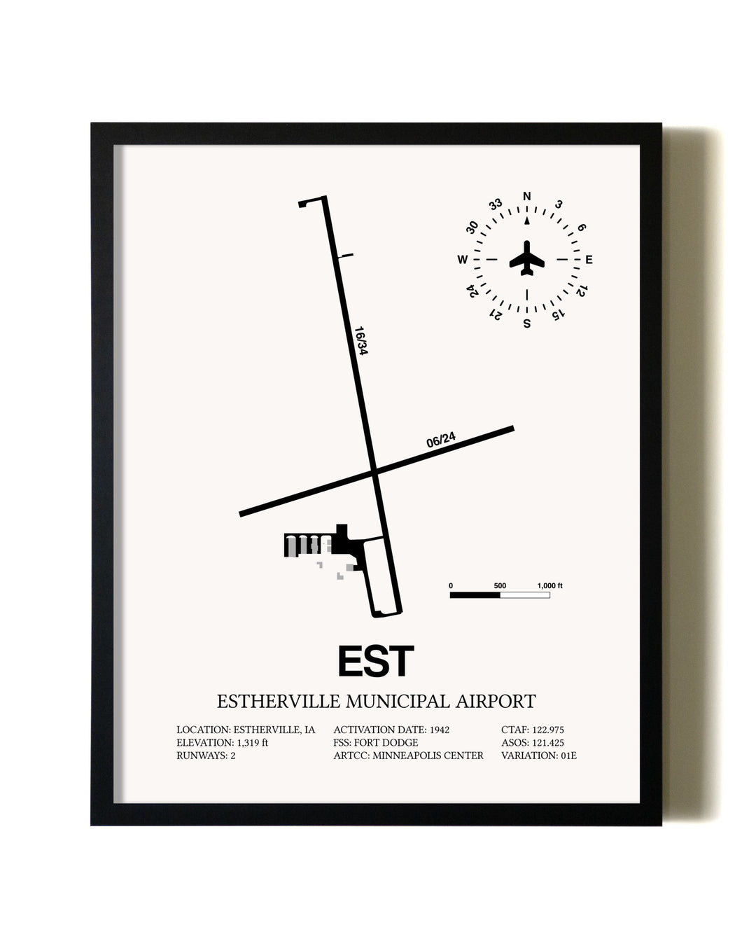 Framed Estherville Municipal Airport wall art poster in black frame