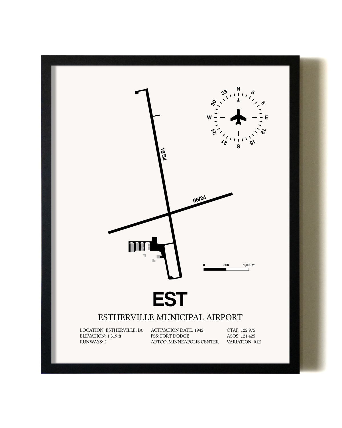 Framed Estherville Municipal Airport wall art poster in black frame
