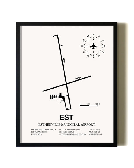 Framed Estherville Municipal Airport wall art poster in black frame
