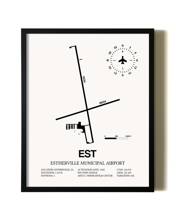 Framed Estherville Municipal Airport wall art poster in black frame
