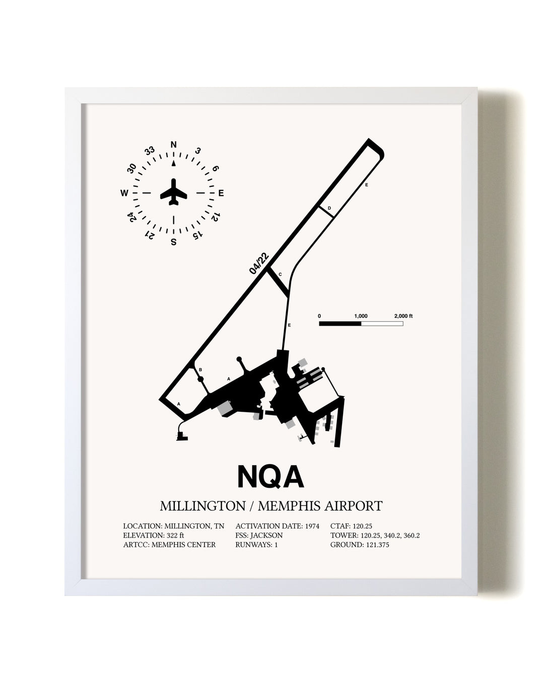 Millington / Memphis Airport airport map poster in oak frame