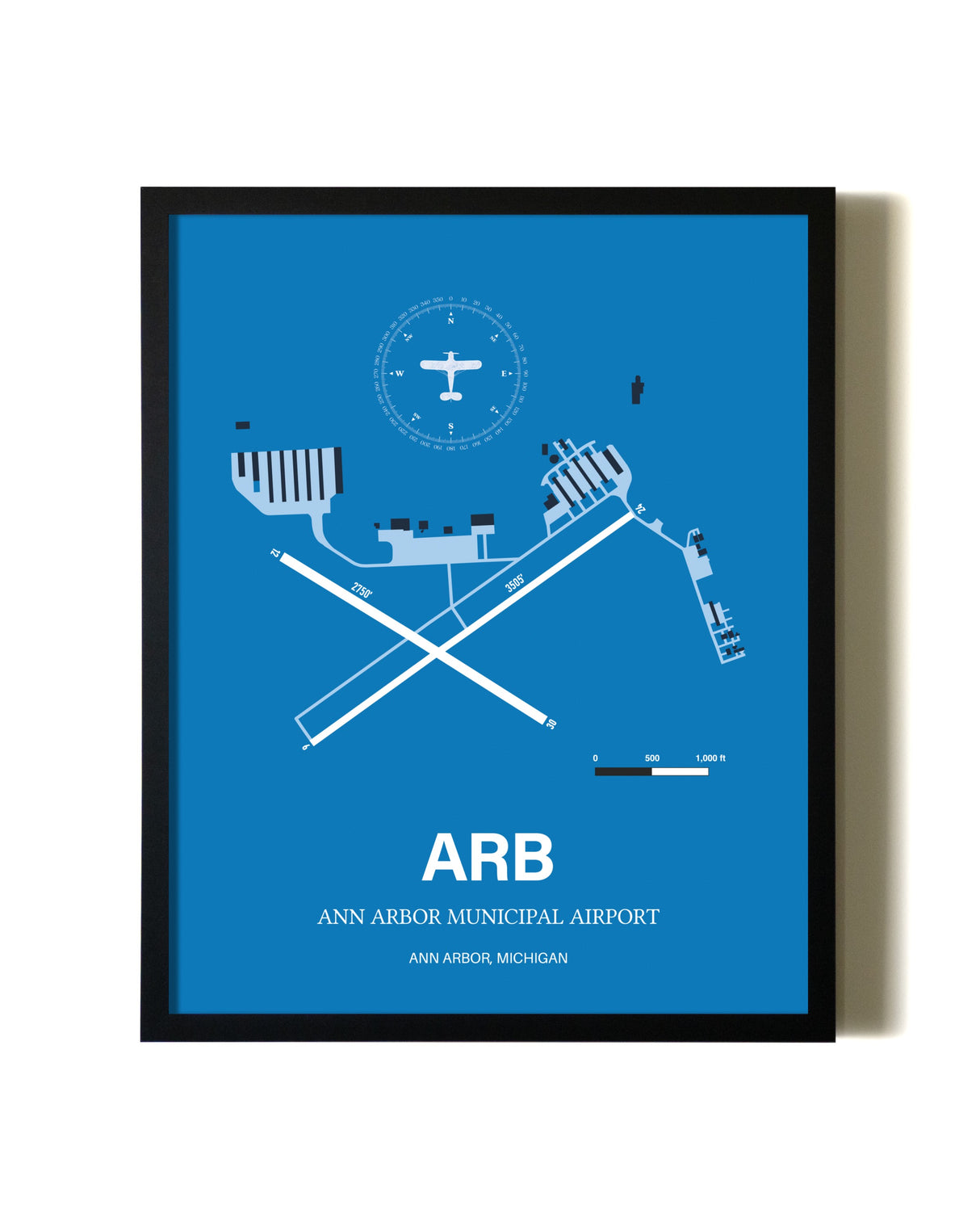 Sky Blue Ann Arbor Municipal Airport aviation wall décor in black wood frame