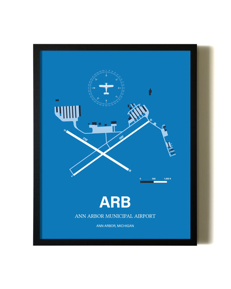 Sky Blue Ann Arbor Municipal Airport aviation wall décor in black wood frame