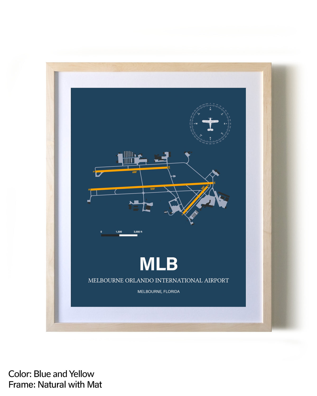 Melbourne Orlando International Airport framed print in natural wood frame with mat