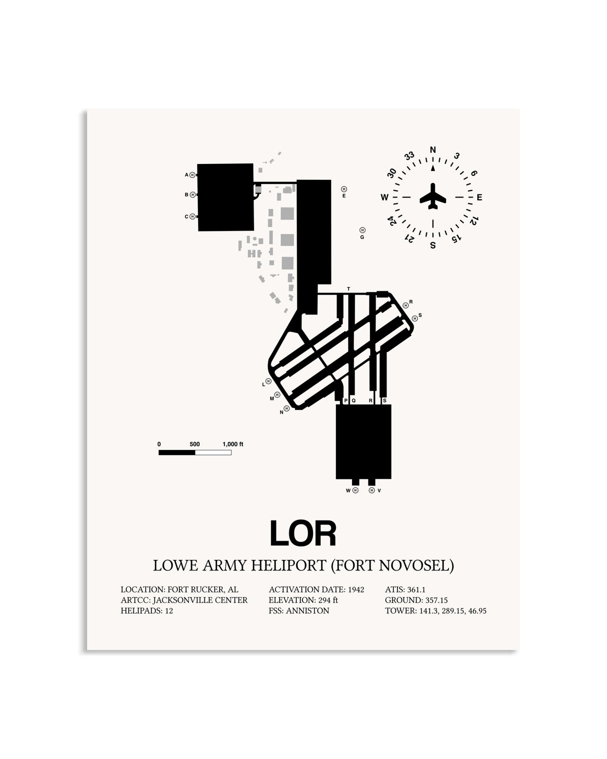 Gray Lowe Army Heliport (Fort Novosel) framed poster displayed in an airplane hangar