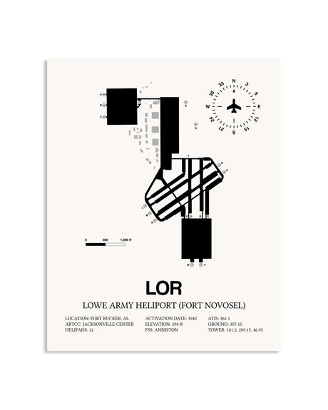Gray Lowe Army Heliport (Fort Novosel) framed poster displayed in an airplane hangar