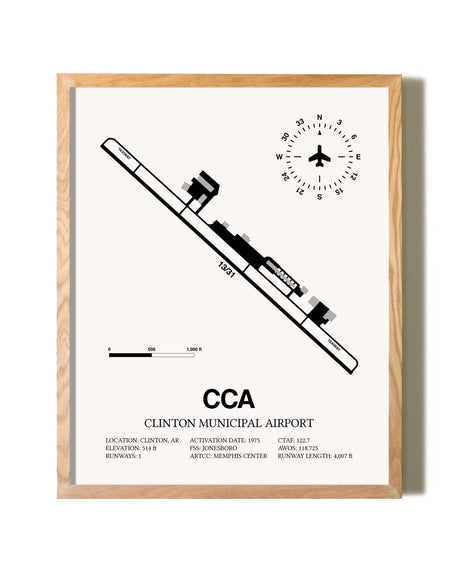 Clinton Municipal Airport framed print in natural wood frame