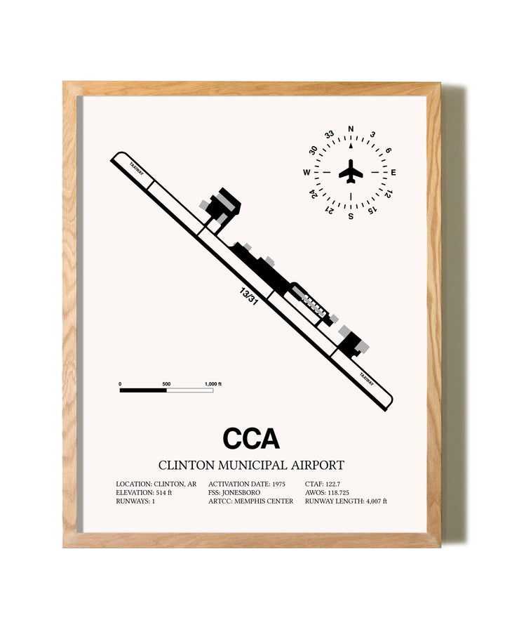 Clinton Municipal Airport framed print in natural wood frame